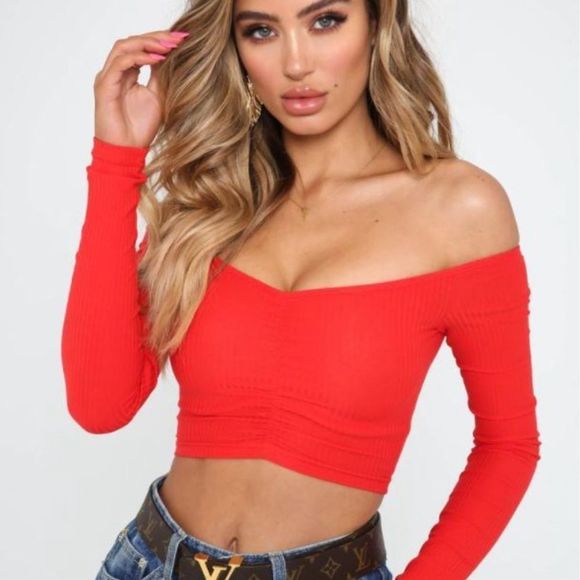 T&J Designs Tops - Ribbed Off Shoulder Long Sleeve Crop Top - Red